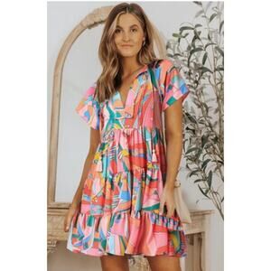 Women's Dress Summer Print Casual Pullover V-neck Knee-high Waist Dress L/XL